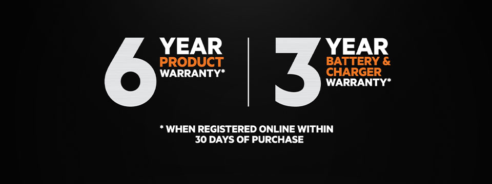 6 year product warranty, 3 year battery & charger warranty